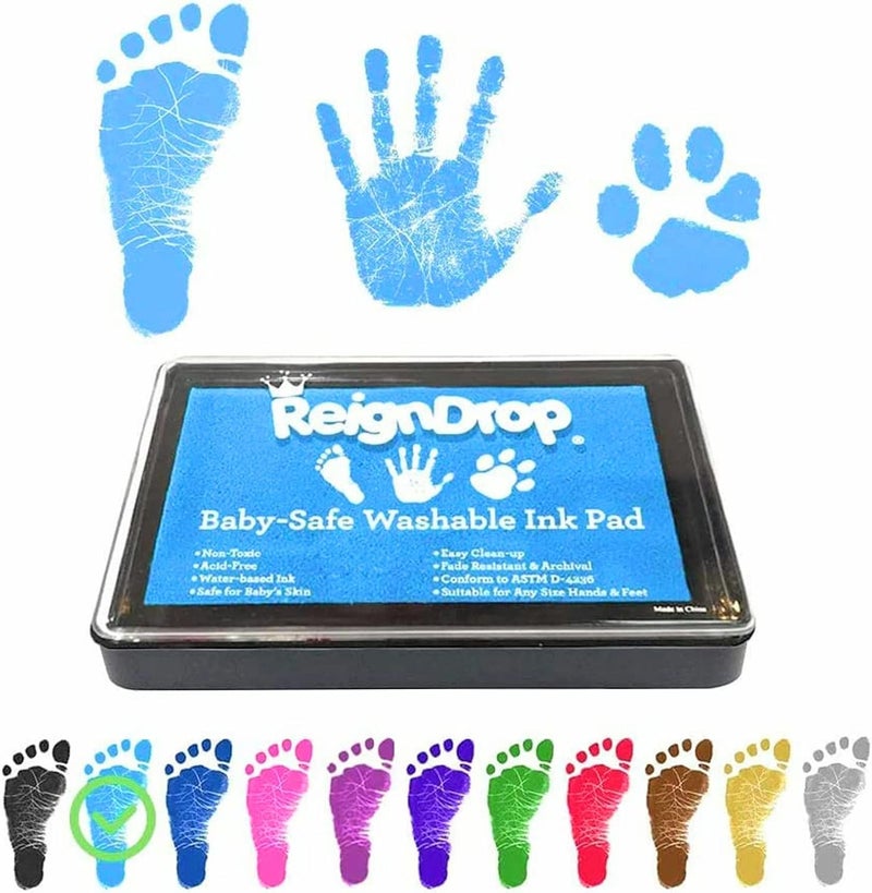 ReignDrop وسادة حبر لطباعة بصمة قدم ويد الطفل - تخلق طابع تذكاري رائع يدوم طويلاً للأطفال والرضع. مقاومة للتلطيخ، سهلة المسح عن الجلد، آمنة ولطيفة خالية من الأحماض (أزرق سماوي) - Image 1